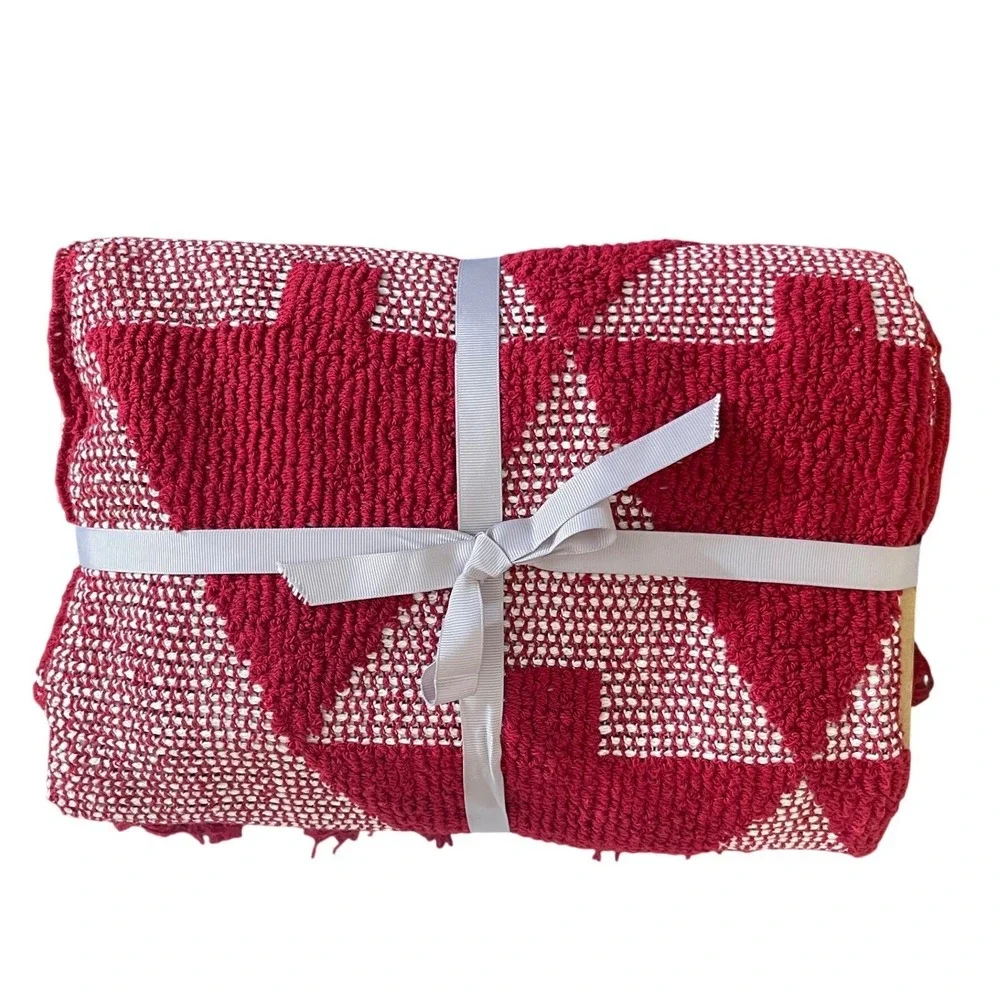 Elav Red White Woven Christmas Tree Throw Blanket Fringed Made in Portugal 50x74
